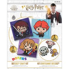 the harry potter cross stitch kit is shown in three different colors and features two characters