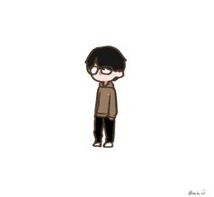 a drawing of a boy with glasses on his face and black pants, standing in front of a white background