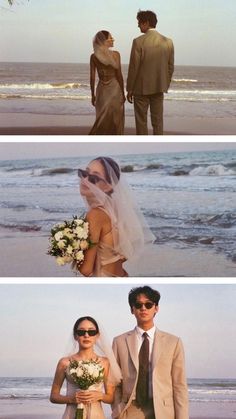 two people are standing on the beach and one is holding a bouquet