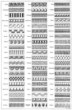 an old book with many different types of decorative designs on it, including lines and shapes