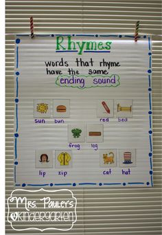 a poster with words that say rhynes and have the same ending sound on it