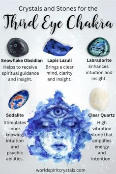 Awaken your third eye chakra with the right crystals and stones. 🌌 Snowflake obsidian, lapis lazuli, labradorite, sodalite, and clear quartz are perfect for enhancing intuition, insight, and spiritual awareness. These stones can help you deepen your meditation practice and connect with your inner wisdom. Experience the transformative energy of these crystals as they support your journey to higher consciousness. 🌿✨ #ChakraHealing #CrystalMagic #ThirdEyeChakra Crystals For Third Eye Chakra, Third Eye Chakra Crystals, Third Eye Crystals, The Third Eye Chakra, Spiritual Alignment, Trust Your Intuition