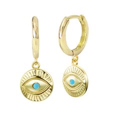 14K Gold Turquoise Evil Eye Dangle Huggie Hoop Charm Earrings ~ All Ho – Nana Bijou Hoop Charms, Real Turquoise, Small Earrings Studs, Evil Eye Charm, Huggie Hoop Earrings, Dangle Charms, Single Earring, Fine Jewelry Gift, Jewelry Earrings Hoops