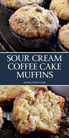 some muffins that are sitting on top of a rack with the words sour cream coffee cake muffins