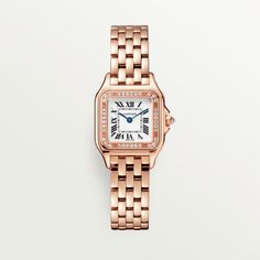 Cartier - Panthère de Cartier watch - Watch Gold - Panthère de Cartier watch, small model, quartz movement. Case in 18K rose gold (750/1000) set with brilliant-cut diamonds, dimensions: 22 mm x 30 mm, thickness: 6 mm, crown set with a diamond, silvered dial, blued-steel sword-shaped hands, 18K rose gold (750/1000) bracelet. Water-resistant to 3 bar (approx. 30 meters). Non-contractual photo (the length of the watch strap may vary slightly). Cartier Panthere, Gold Watches Women, Bracelet Love, Cartier Watch, Forever Jewelry, Rose Gold Bracelet, Two Tone Watch, Gold Set, Pink Gold