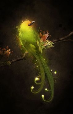 a green bird sitting on top of a tree branch with flowers in it's beak