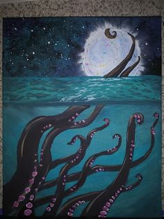 an octopus painting is shown in the middle of water with stars and moon above it