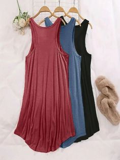 3pcs Plus Size Women's Casual Dress Set, Spring/Summer/4-Season Basic Solid Crew Neck Sleeveless Nightgown Multicolor Elegant,Romantic,Casual-Young,Casual-Woman  Sleeveless Knitted Fabric Plain  Slight Stretch All,Spring/Summer Women Plus Sleep and Lounge, size features are:Bust: ,Length: ,Sleeve Length: Plus Lingerie, Lounge Dress, Sleep Dress, Crewneck Dress, Plus Size Kleidung, Christmas 2023, Vestido Casual, Red Blue Green, Dress Set