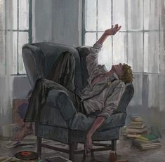 a painting of a man laying on a chair in front of a window with his hand up