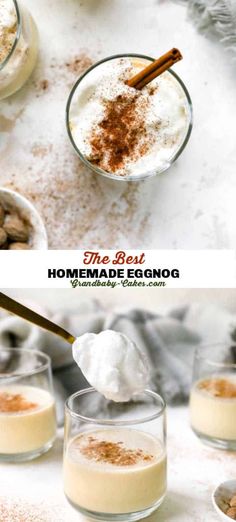 two shots of homemade eggnog in small glasses with cinnamon on top and the recipe below