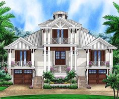 this is an artist's rendering of the front elevation of these tropical house plans