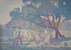 a painting of people sitting under a tree