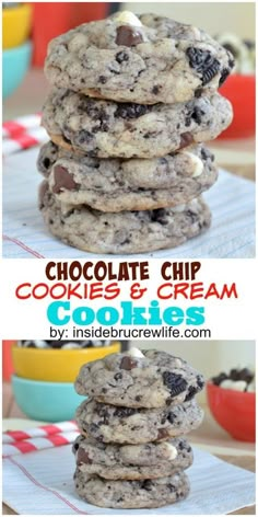 chocolate chip cookies and cream cookies are stacked on top of each other