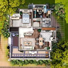 an aerial view of a house with lots of furniture