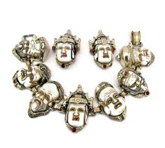 "EBINE Seven gods Of Fortune bracelet measures 7 1/2\" long x 1 1/2\" wide . The earrings are 1 3/8\" long x 7/8\" wide. Condition: Good preowned. The faces are handpainted glass cabochons. This beautiful bracelet and earring set was made by EBINE Japan, This company made buttons in glass, metal and celluloid only. Bakelite was expensive and was never used. The bracelets are often incorrectly attributed to the works of Selro Corp. owing to the presence of faces. As an ardent collector of Paul Se Traditional White Collectible Jewelry, Bracelet And Earring Set, Spoon Collection, How To Make Buttons, Jewelry Lookbook, Vintage Bracelets, Beautiful Gift Boxes, Beautiful Bracelet, Arm Band