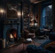 a living room filled with furniture and a fire place in front of a book shelf