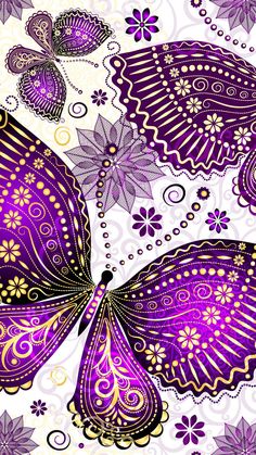 purple and gold butterflies on a white background with swirls, dots and flowers in the center