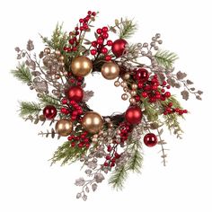 a christmas wreath with red, gold and silver ornaments hanging from it's center