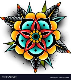 an artistic tattoo design with colorful flowers and leaves on white background, suitable for use as a