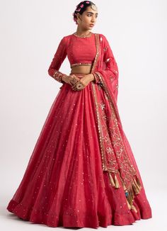 Deep Coral Silk Organza Heavy Dupatta Lehenga Set Vvani by Vani Vats - Fabilicious Fashion Vani Vats, Peach Lehenga, Heavy Lehenga, Mirror Border, Heavy Dupatta, Lehenga Dupatta, Organza Lehenga, Organza Blouse, High Neck Blouse