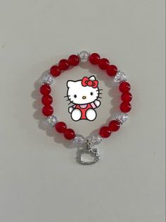 Glass Bead Bracelet Designs, Cute Homemade Bracelets, Hello Kitty Bracelet Ideas, Hello Kitty Matching Bracelets, Glass Beaded Bracelets Ideas, Bracelet Buisness, Evil Eye Bracelet Diy, Hello Kitty Bracelet, Red Hello Kitty