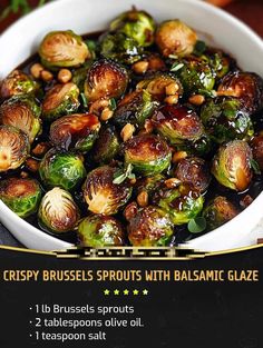 brussel sprouts with balsamic glaze in a white bowl