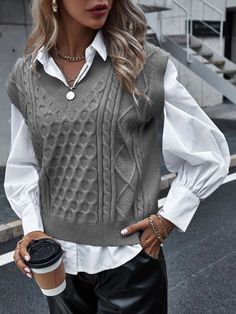 Material:Knit fabric、Sleeve Length:Sleeveless、Style:Nordic style、Elements:None、Season:Spring、Season:Autumn、Neckline:V-Neck、Placket:Pullover、Color:Black、Color:Gray、Color:Khaki、Color:Rose red、Color:Blue、Age Group:20- to 40-year-olds、sex:Women、 Sleeveless Sweater Cardigan, Fall Vest, Pullover Outfit, England Fashion, Cable Sweater, Business Outfit, Women Sweater, Sweater Tank Top, Women's Sweaters