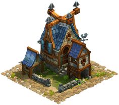 an image of a small house with blue roof and stone chimneys on the ground