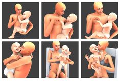 multiple images of a man holding a baby in his arms and kissing it's face