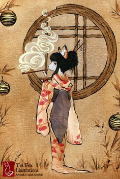 a painting of a woman in kimono holding a fan and looking out the window