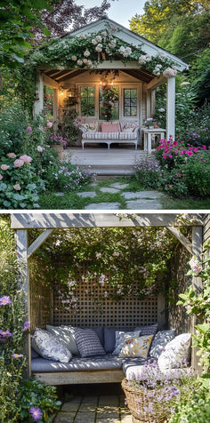 Collage featuring a flower-adorned garden shed and a lattice nook with pink blossoms. The Magic