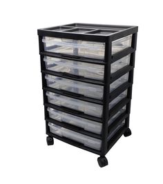 a black cart with six drawers and plastic dividers on wheels, all stacked up