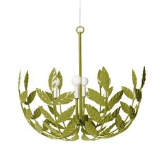 a green leafy chandelier with three lights hanging from the ceiling and one light on each side