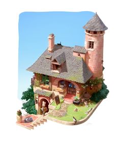 an image of a doll house in the shape of a castle with stairs leading up to it