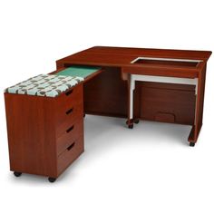 an office desk with two drawers and a checkered seat pad on the bottom drawer