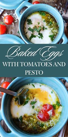 baked eggs with tomatoes and pesto in blue bowls on top of a wooden table