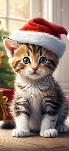 a kitten wearing a santa hat sitting on top of a wooden floor next to a christmas tree