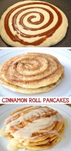 cinnamon roll pancakes with icing on top