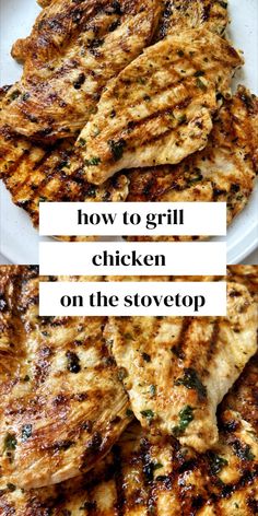 grilled chicken on the stovetop with text overlay that reads how to grill chicken on the stovetop