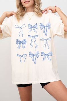 Blue Bow T-shirt Coquette Aesthetic Shirts Gift for Girly Girl Light Blue Ribbon Bows Coquette Girl in My Soft Girl Era Trendy Comfort Color - Etsy Kawaii Blue Spring T-shirt, Cute White Top With Bow, Cute White Top With Bow Detail, Cotton T-shirt With Bow Print For Spring, Cute Summer Tops With Bow Print, Spring Cotton T-shirt With Bow Print, Cute Cotton T-shirt With Bow Print, Cute Cotton T-shirt With Bow, Cute Blue T-shirt For Gift