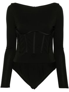 black stretch-jersey boat neck rear zip fastening long sleeves corset-style boned bodice concealed press-stud fastening