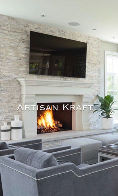 Limestone Fireplace Mantel Surround by Artisan Kraft. Shop our link below for more Limestone Fireplace Mantel. Transitional Fireplaces, Transitional Fireplace, Stacked Stone Fireplaces, Mantel Fireplace, Marble Fireplace Mantel