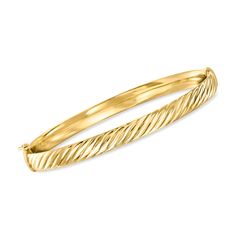 Ross-Simons - Italian 18kt Yellow Gold Twisted Bangle Bracelet. 7". Classic and sophisticated, this Italian-made twisted bangle gleams on the wrist in high-polished 18kt yellow gold. Wear this signature style solo or paired with other favorite cuffs, bangles or chains to curate a tastefully varied stack. Hinged with a figure 8 safety. 18kt yellow gold twisted bangle bracelet. Sterling Silver Bracelet In Yellow Gold Finish, Yellow Gold Polished Sterling Silver Bangle Bracelet, Fine Jewelry Gold Bangle Bracelet With Polished Finish, Fine Jewelry Gold Bangle With Polished Finish, Yellow Gold Sterling Silver Bangle With Polished Finish, Twisted Bangle, Figure 8, Signature Style, Bangle Bracelet