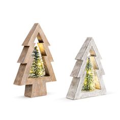 two small wooden christmas trees with lights in the shape of triangle shaped trees, on white background