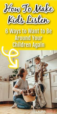 two children sitting on the floor in front of a washing machine with text overlay how to make kids listen 6 ways to wait