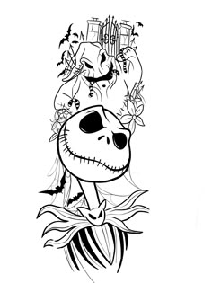 a drawing of jack skellingy from the nightmare with flowers and bats on his head