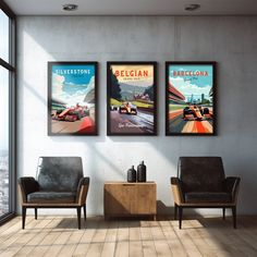 three framed racing posters on the wall in a room with two chairs and a coffee table