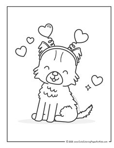 a dog with hearts on its head sitting in front of a white background and the words love