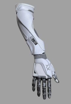 an artificial hand is shown in white and gray colors, with the fingers extended up