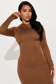 Available In Mocha. Maxi Dress Mock Neck Hooded Long Sleeve Stretch 95% Polyester 5% Spandex Imported | Talk A Stroll With Me Maxi Dress in Mocha size XL by Fashion Nova Women Talk, Elegant Party Dresses, Bodycon Maxi Dresses, Long Dress Casual, Xl Fashion, Elegant Party, Long Sleeve Bodycon, Casual Streetwear, Party Dresses For Women